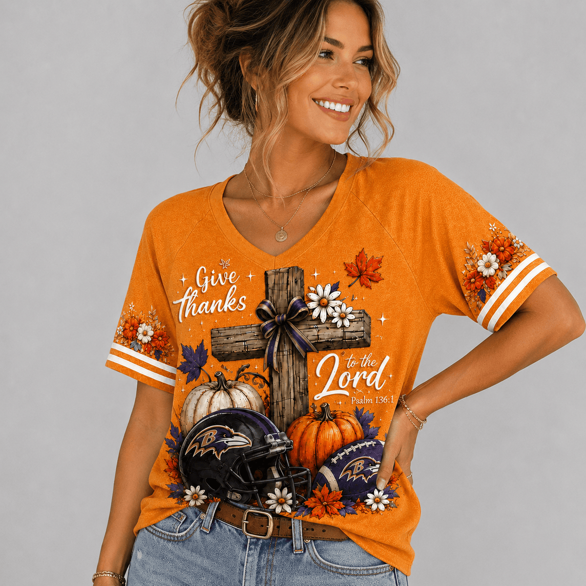 BR Premium NFL Thanksgiving Faith And Football V-Neck Shirt