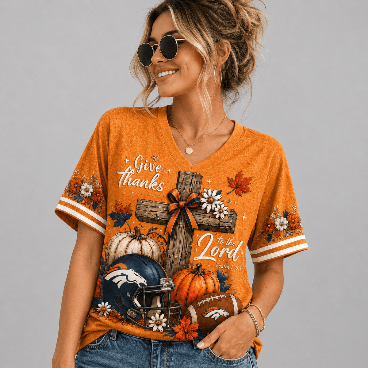 DB Premium NFL Thanksgiving Faith And Football V-Neck Shirt