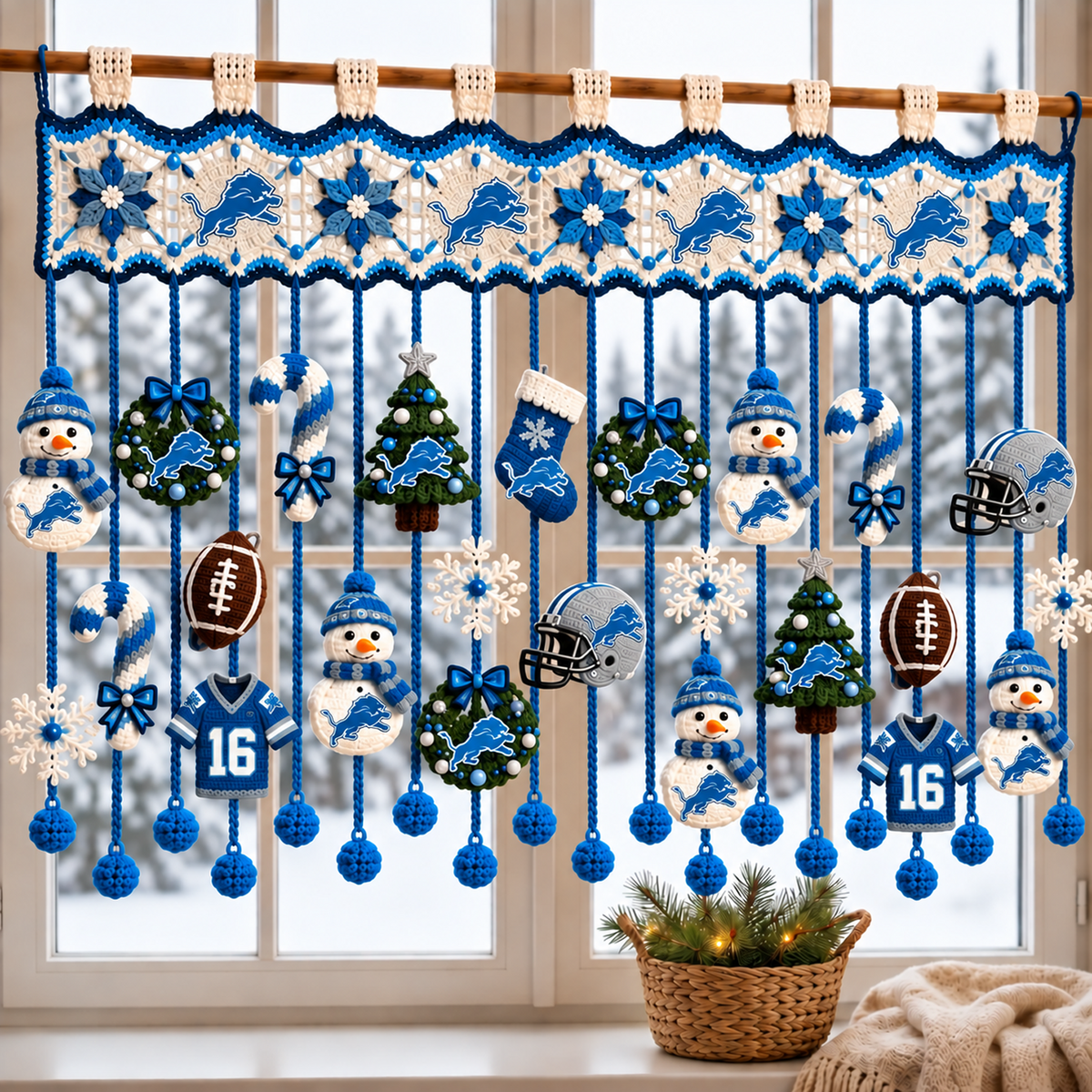 DET x NFL Christmas Crochet Window Valance β Football Snowman Wreath Holiday Decor