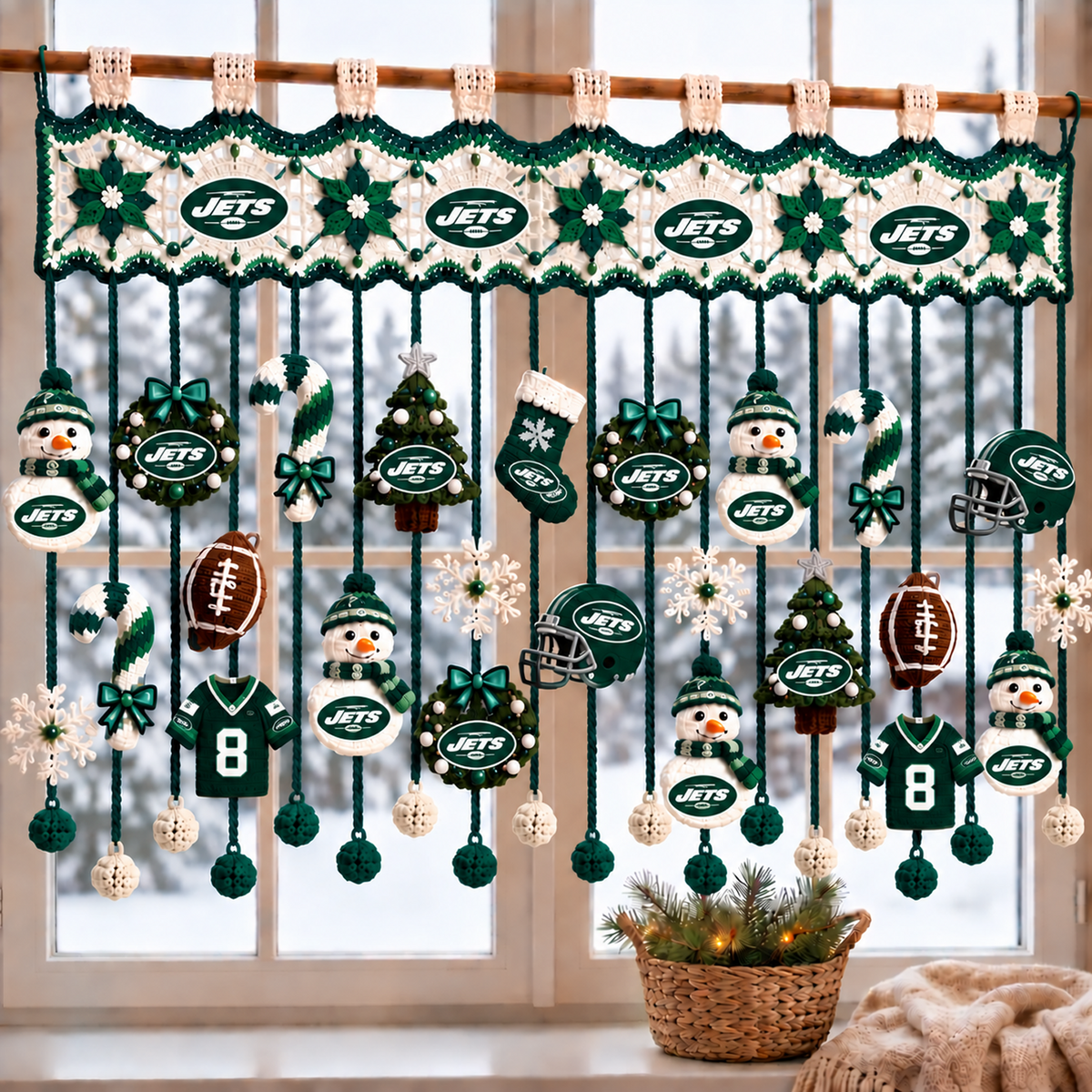 NYJ x NFL Christmas Crochet Window Valance β Football Snowman Wreath Holiday Decor