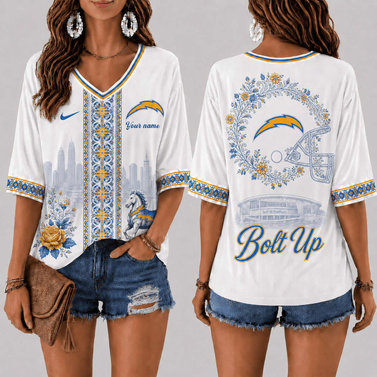 PREMIUM NFL X LAC EXCLUSIVE PERSONALIZED Women‘s Floral V-neck Shirt LIMITED EDITION