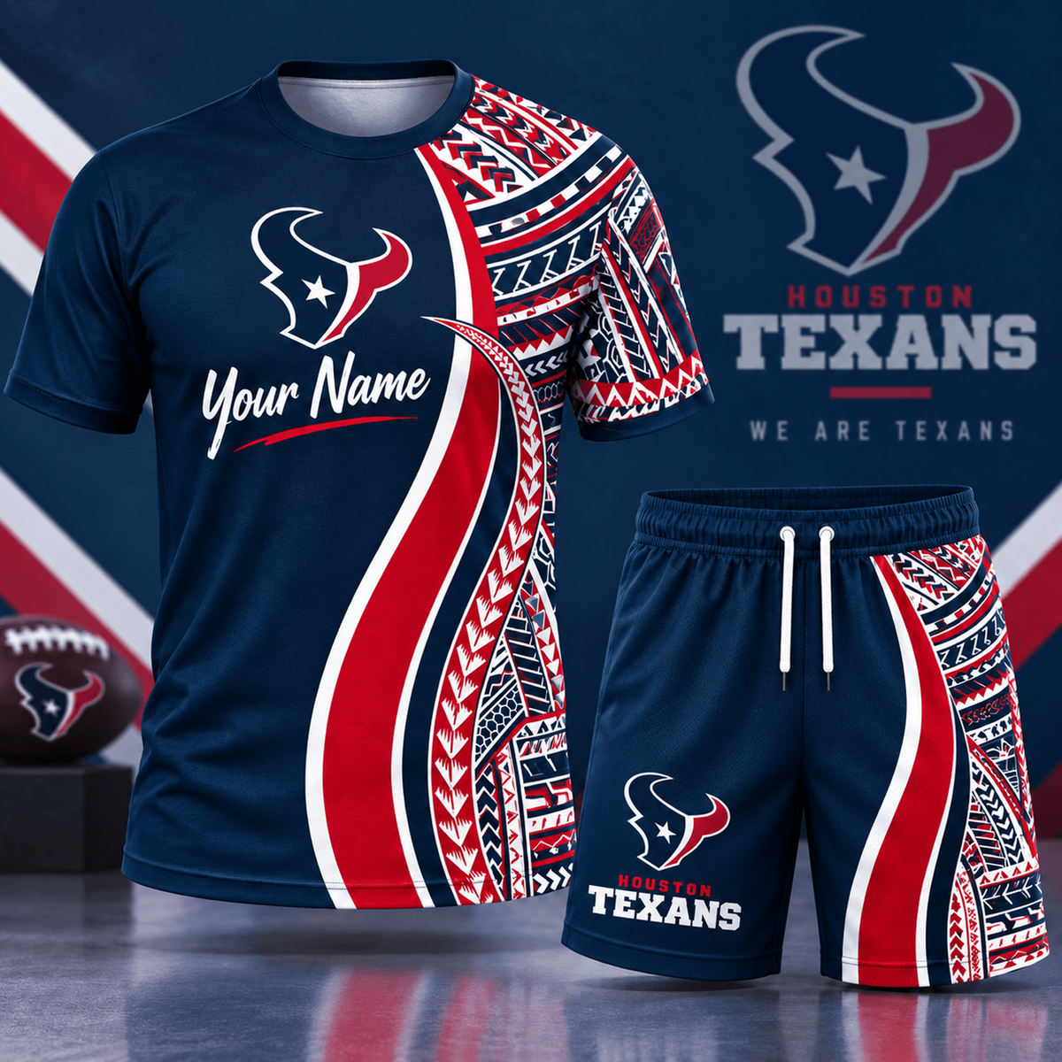 Premium NFL x HOU Custom Name Tribal Graphic T-Shirt and Shorts Set Football Fan Sports Outfit