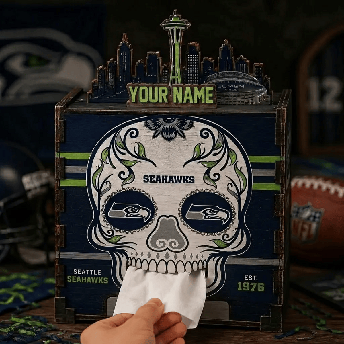 SEA x NFL Personalized Wooden Tissue Box – Custom Name Gift