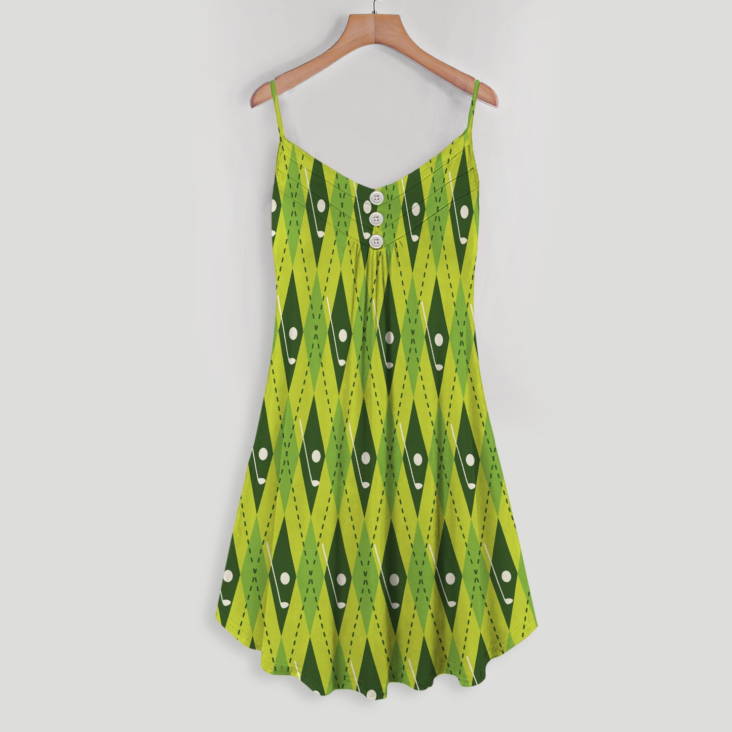 Golf Ball And Tees On Green Argyle Spaghetti Strap Summer Dress | Sleeveless V Neck Mini Dress | Sundress