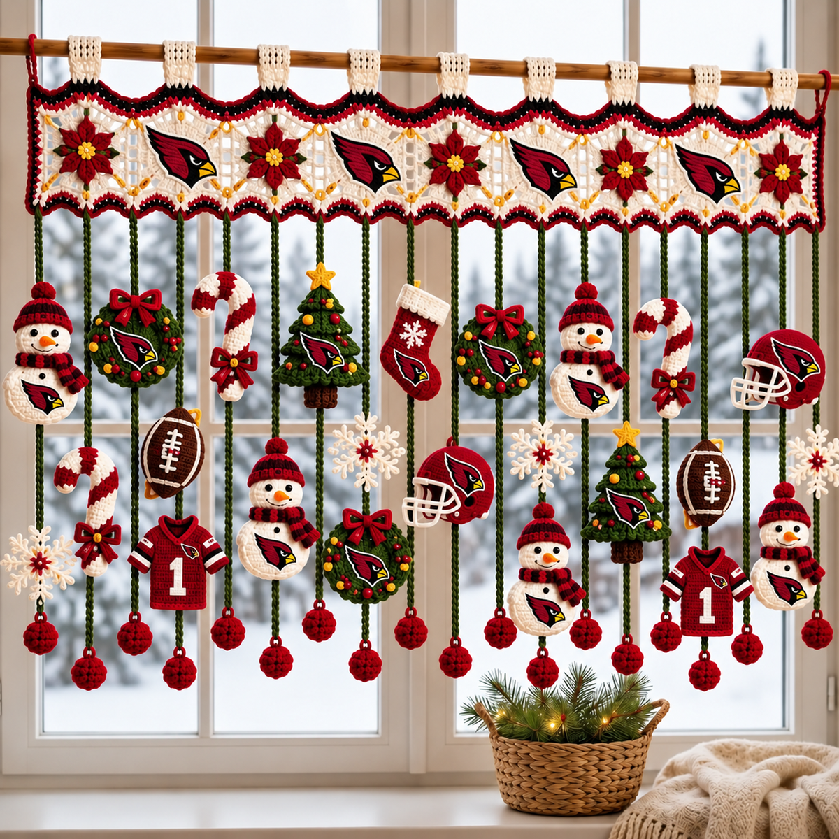 ARI x NFL Christmas Crochet Window Valance – Football Snowman Wreath Holiday Decor