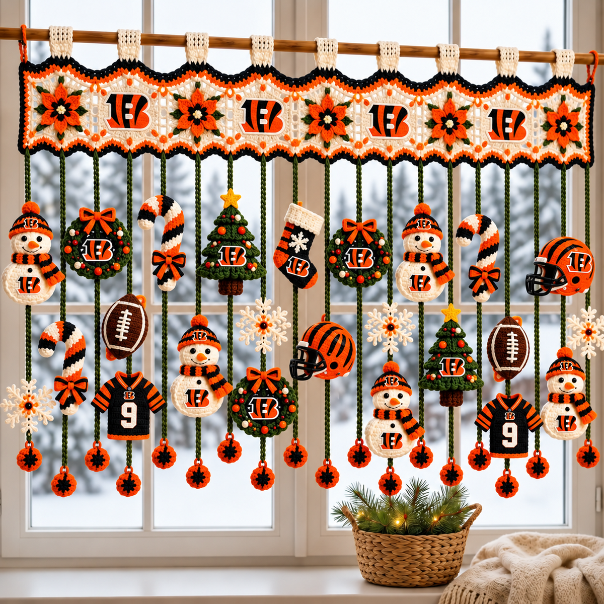 CIN x NFL Christmas Crochet Window Valance – Football Snowman Wreath Holiday Decor