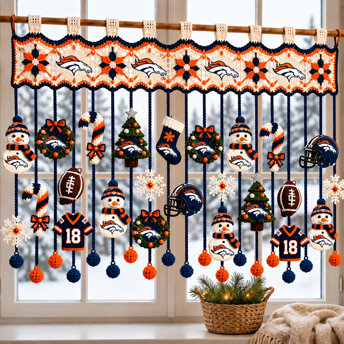DEN x NFL Christmas Crochet Window Valance – Football Snowman Wreath Holiday Decor