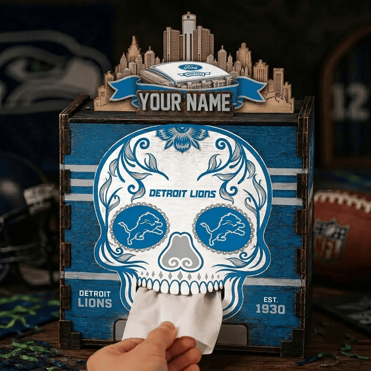 DET x NFL Personalized Wooden Tissue Box – Custom Name Gift