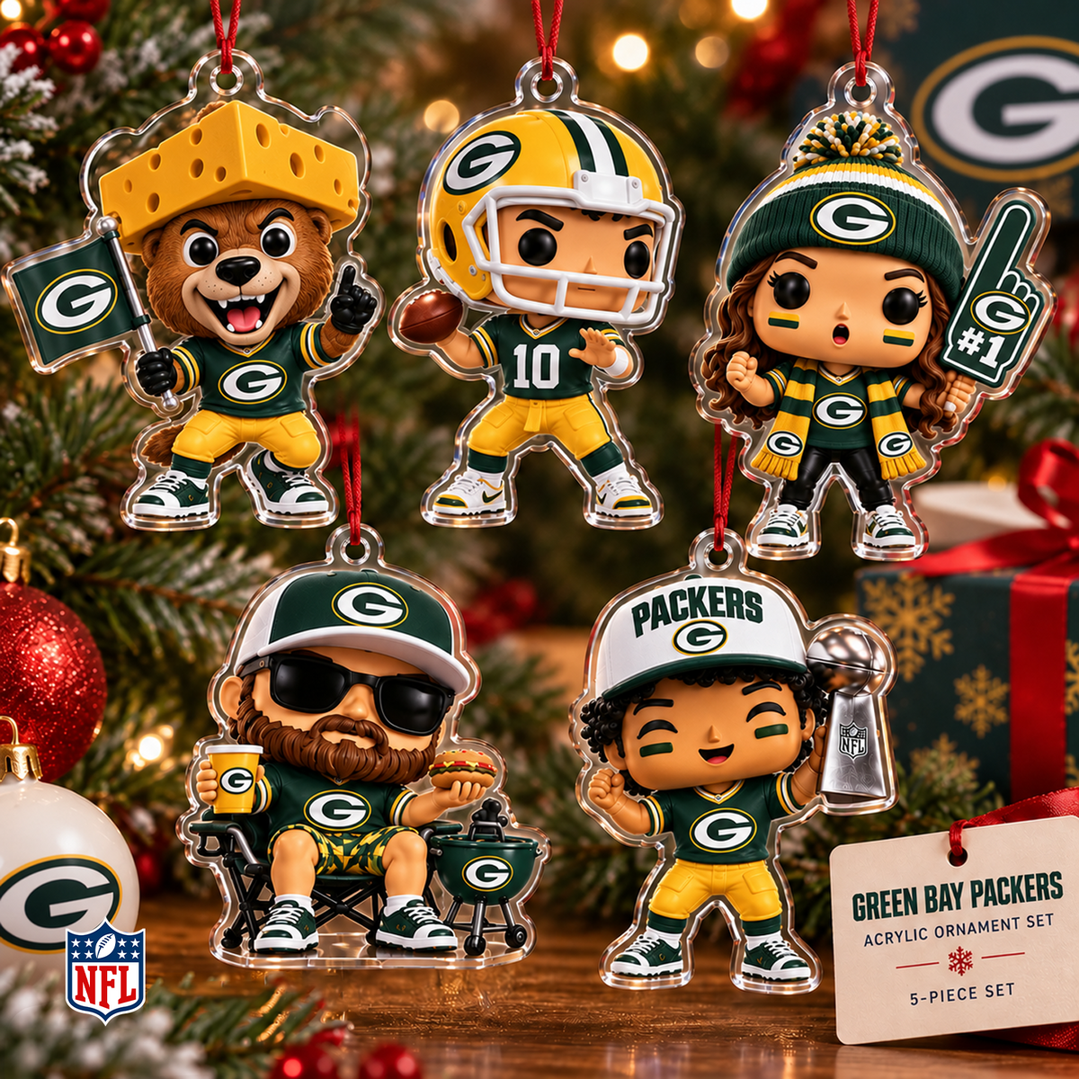 GB x NFL Christmas KICKOFF Personalized Set 5 Acrylic Ornament