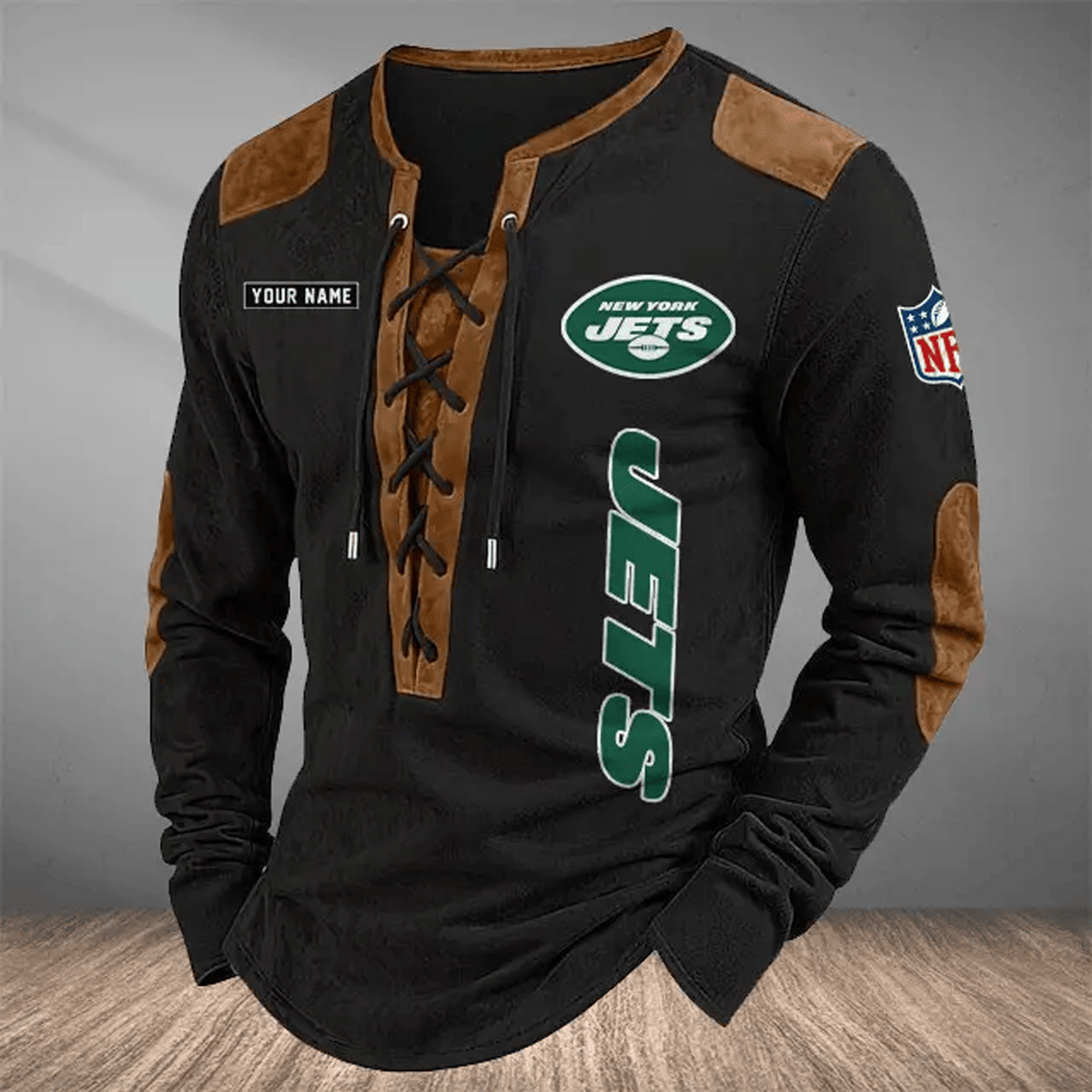 NYJ x NFL Custom Name Vintage Henley Long Sleeve Shirt
