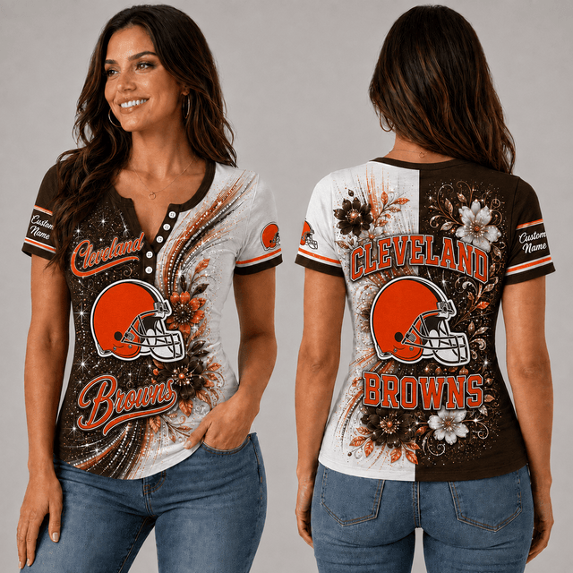 PREMIUM NFL X CLE EXCLUSIVE  Personalized FLORAL  Women’s Button V-Neck Shirt Gifts For Fan - Limited Edition