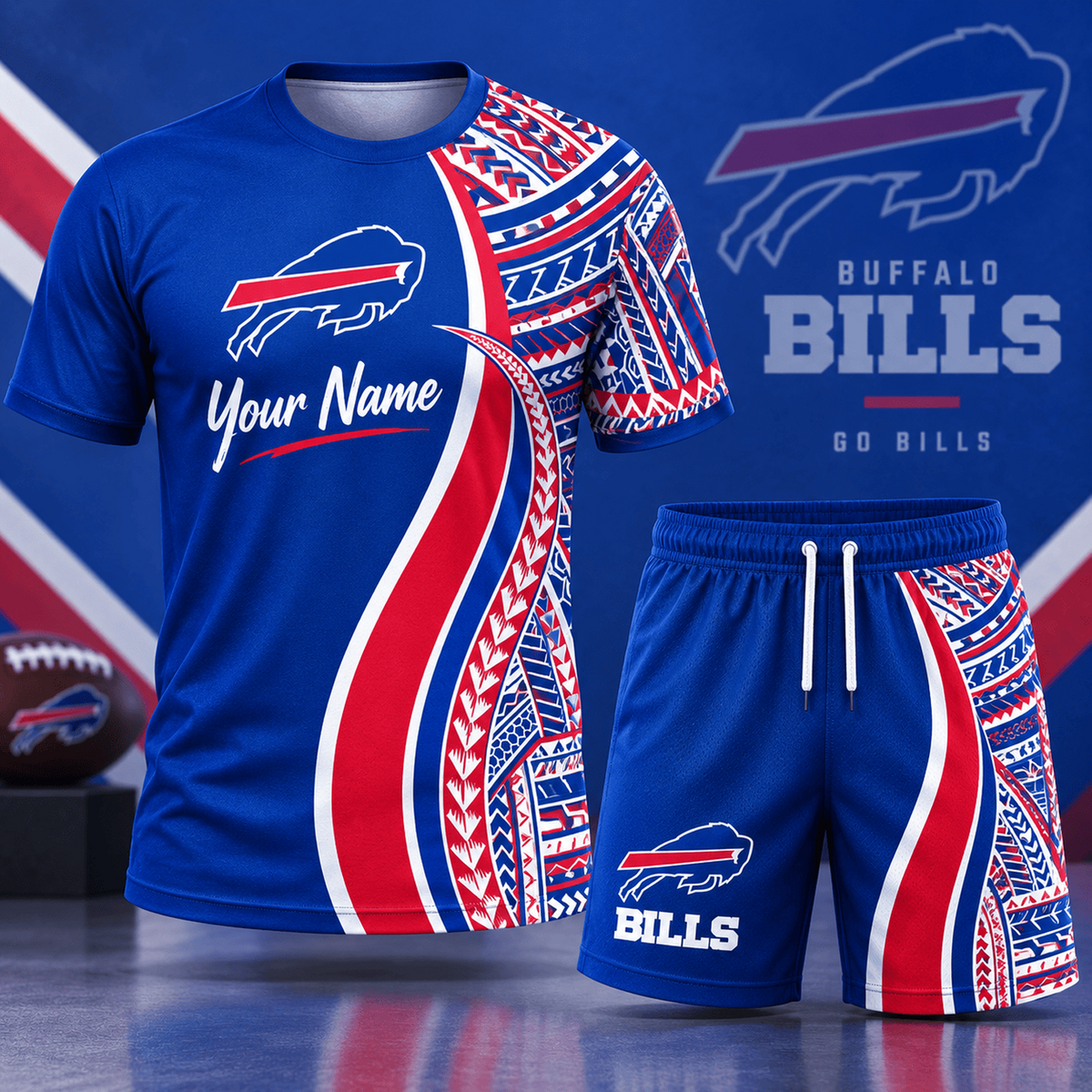 Premium NFL x BUF Custom Name Tribal Graphic T-Shirt and Shorts Set Football Fan Sports Outfit