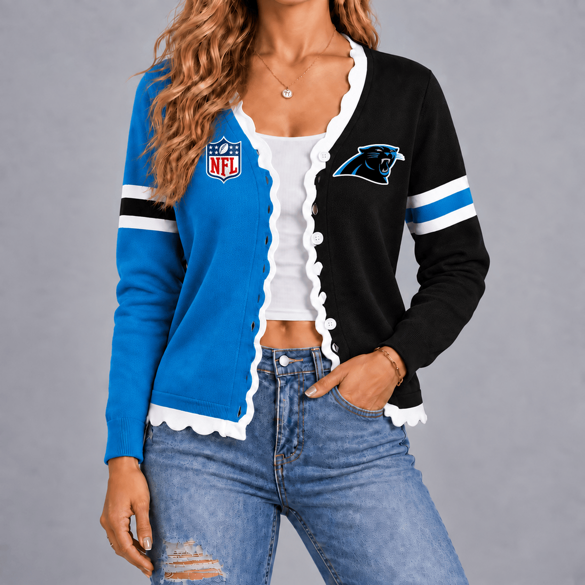 Premium NFL x CAR Varsity Stripe Button Cardigan