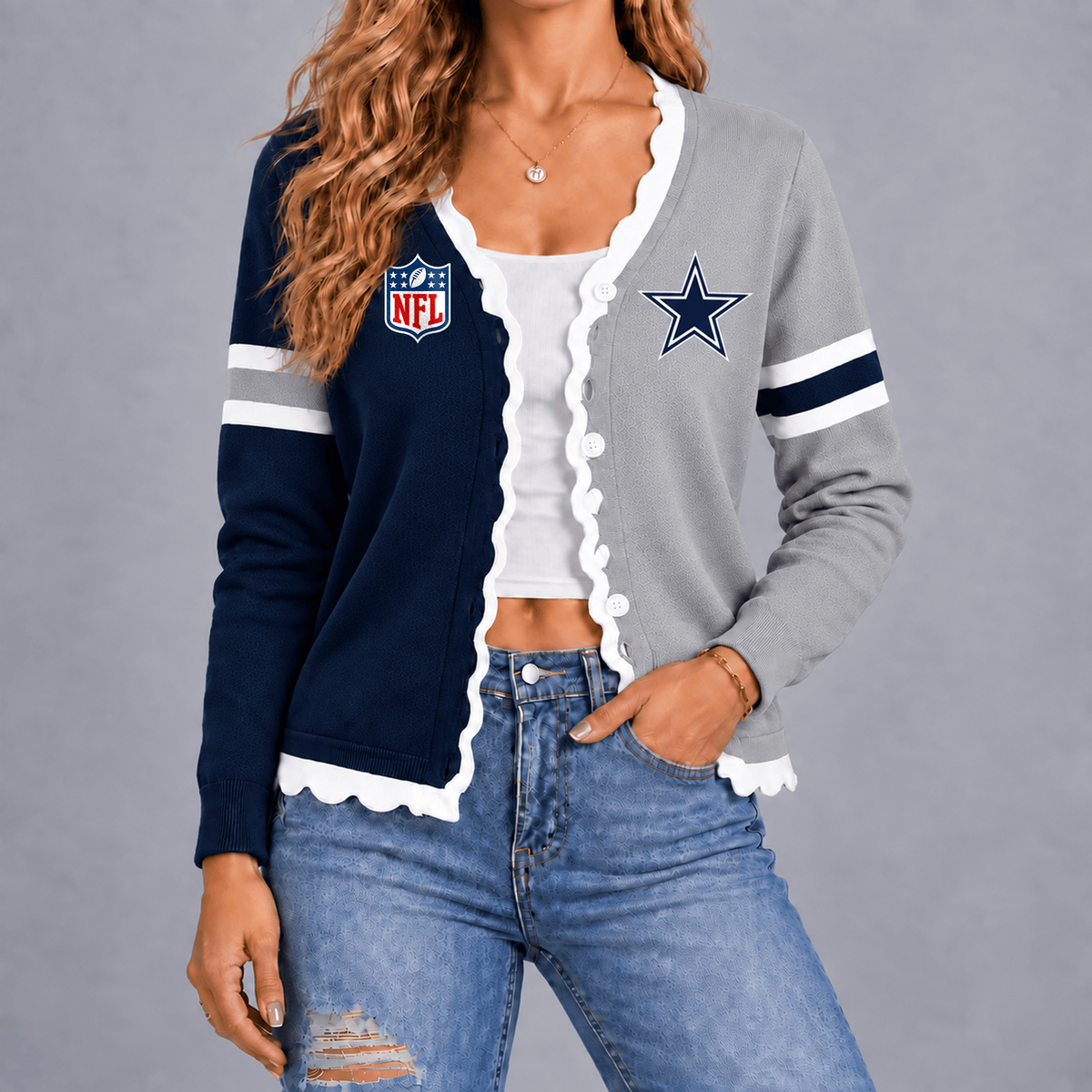 Premium NFL x DAL Varsity Stripe Button Cardigan