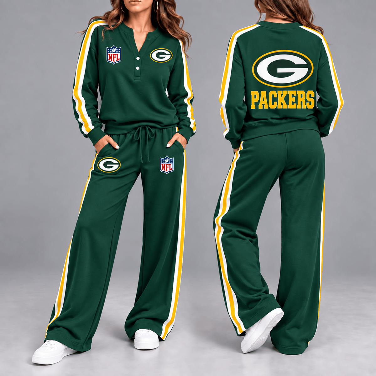 Premium NFL x GB Game Day Sporty Stripe Long Sleeve Pullover Top & Wide-Leg Pants Set