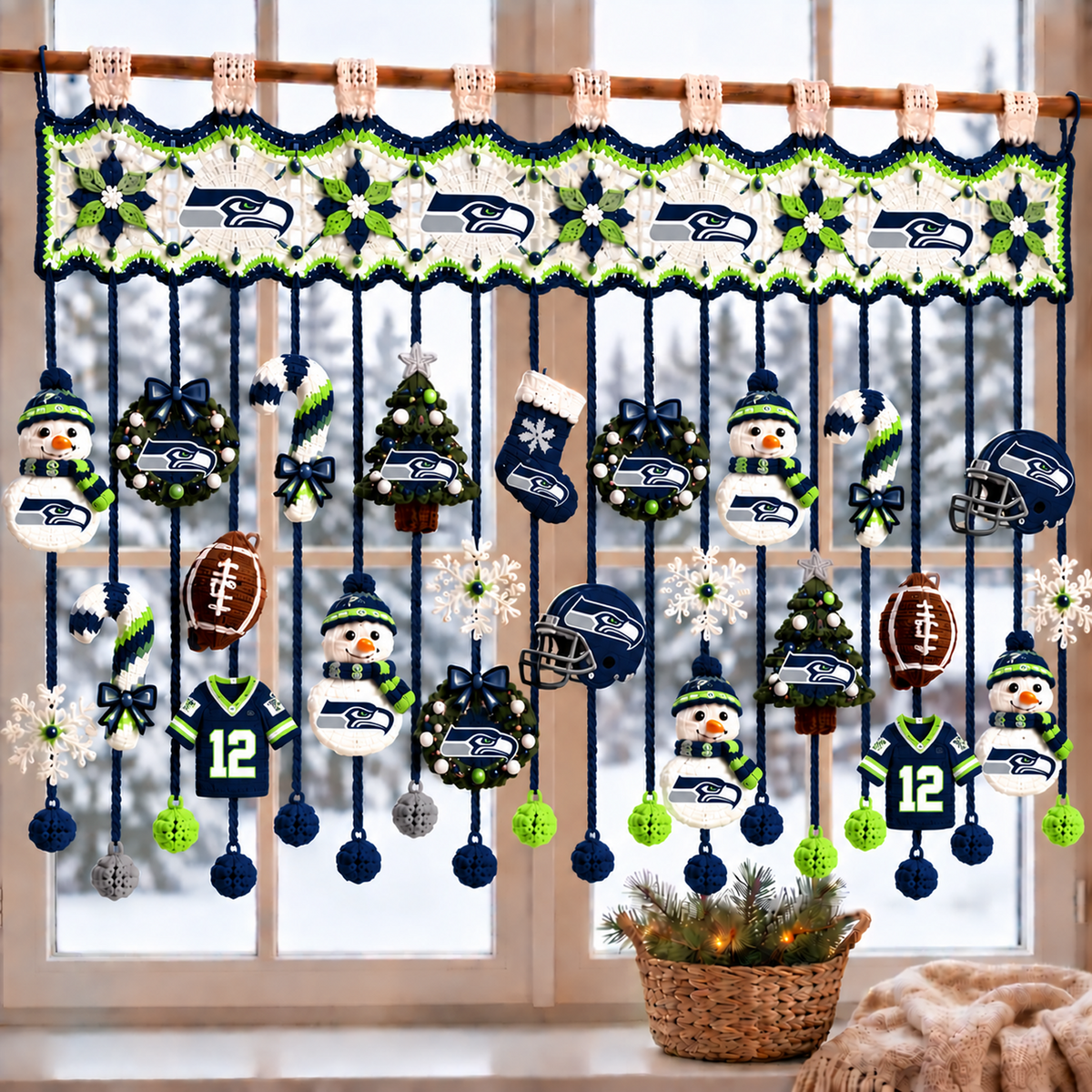 SEA x NFL Christmas Crochet Window Valance – Football Snowman Wreath Holiday Decor